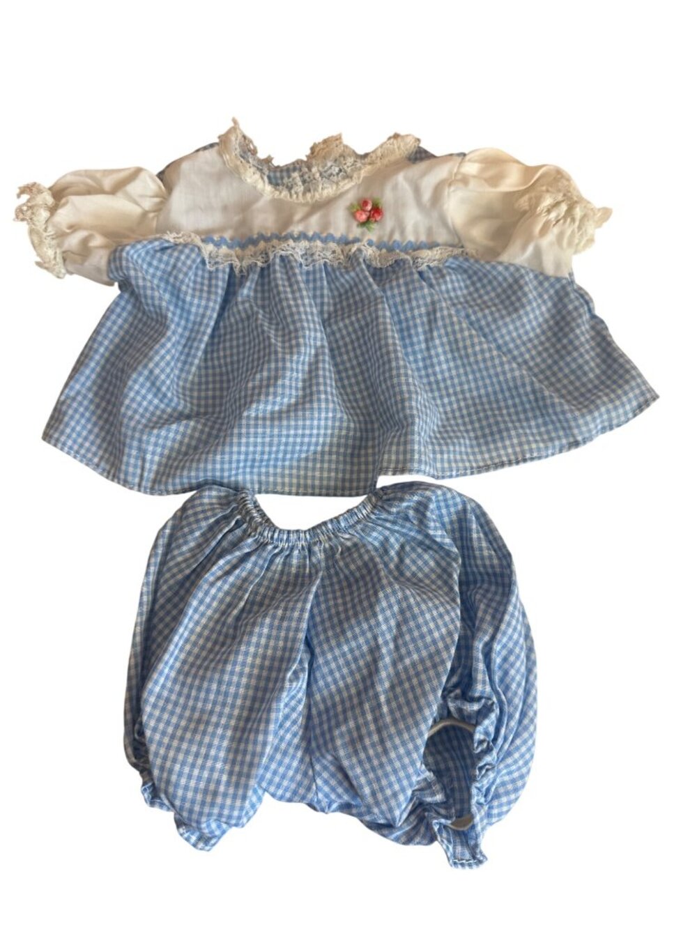 Vintage Baby Doll Clothing Gingham Blue Floral Collar 80s 90s for 14-16" Dolls